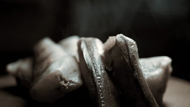 Frozen hake fish carcasses emit thick cold vapor under dramatic lighting in a dark studio. Concept of seafood preservation, frozen food industry, and professional culinary preparation.