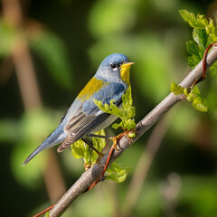 Fototapeta premium parula warbler on green branch