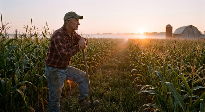 A male farmer with a cap and plaid shirt leaning on a pitchfork, looking thoughtfully across a vast, sunlit cornfield at morning sunrise with a distant barn.