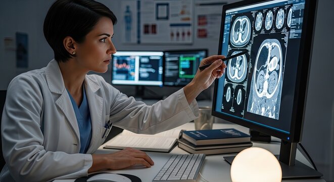 Female doctor examining medical scan images on large computer screen in dark modern office.