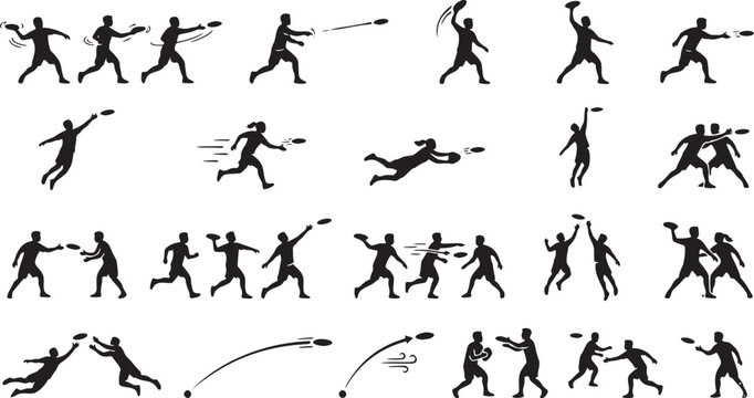 Ultimate Frisbee Throwing Techniques Icon Set - Disc Sport Action Silhouettes.
