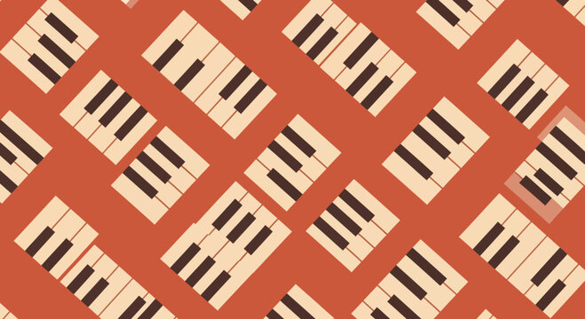 Seamless pattern of piano keyboards in a warm, retro color palette, perfect for music-themed designs and backgrounds