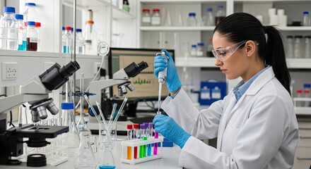 Fototapeta premium Woman scientist working with pipette and colorful samples in research laboratory setting.