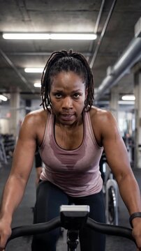 Black woman feeling exhausted and sweating during an intense spin class workout in the gym, looking ahead with determination while riding stationary bike. Push-in camera movement