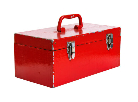 Isolated classic red metal toolbox for handyman, repair, and DIY projects