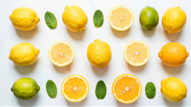 Flat lay view of fresh lemon and lime pattern on a white background. This minimal citrus composition features green mint leaf and organic fruit slice for a healthy concept
