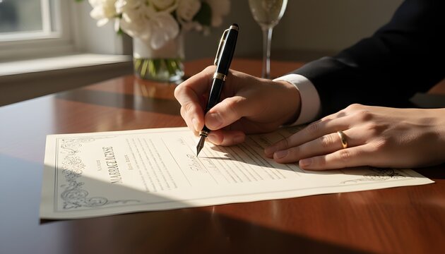 Close up of a groom in a suit signing a marriage license with a fountain pen, representing a couple making a legal commitment and union for a wedding ceremony concept