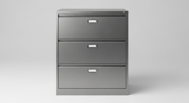 3D render of a secure metal office file cabinet featuring open drawers filled with organized document folders for business data storage and archive management