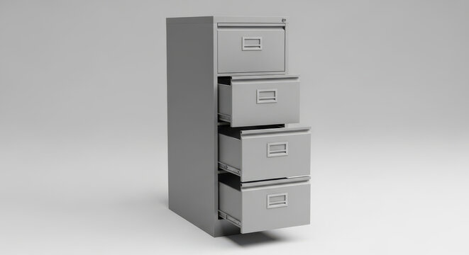 A 3d render of a secure server rack and modern office building featuring a metal file cabinet for business data storage and protected document information in a sleek computer archive case