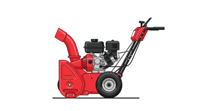 A red snow blower machine with a large engine and discharge chute stands isolated against a plain white background in a detailed flat digital illustration style.