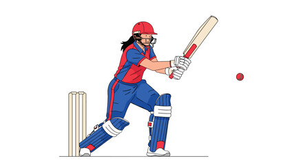 Fototapeta premium A female cricket player wearing a helmet and pads swings her bat to strike a red ball in front of the wickets on a plain white background in flat style.