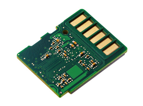 Isolated green electronic circuit board with gold contacts, digital component for modern tech.