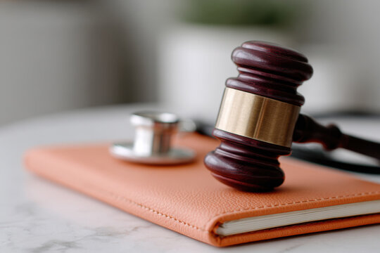 Wooden gavel rests beside stethoscope on desk. Healthcare law.