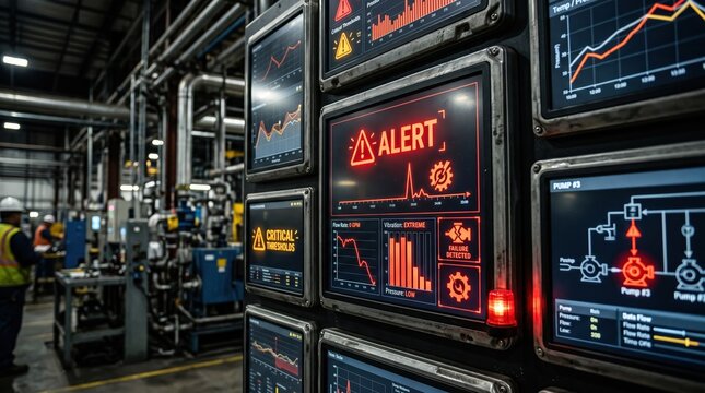 Industrial data screens reveal alert notifications for pump failures in a factory setting visualizing critical sensordriven analytics to prevent unexpected equipment breakdowns.