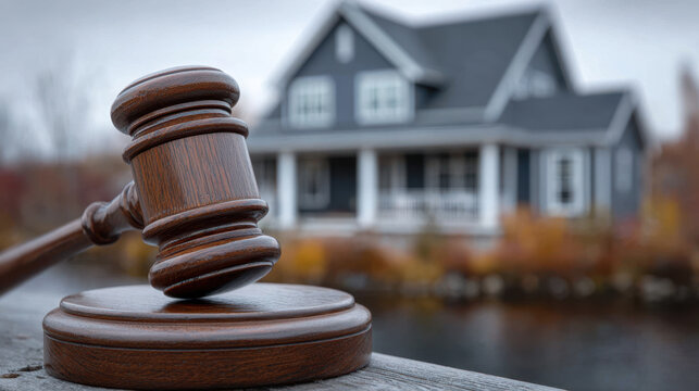 Wooden gavel rests on table with modern wood frame house in background