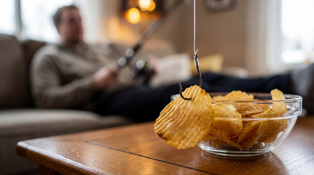 A lazy guy sits on the couch and tries to catch chips from a bowl using a fishing rod