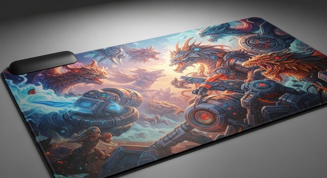 Vibrant Fantasy Dragon Mech Battle Gaming Mousepad with Intricate Digital Artwork