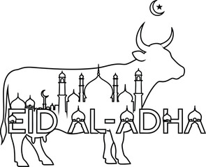 Obraz premium A minimalist vector illustration of a cow with mosque silhouettes and Eid Al-Adha Mubarak greeting