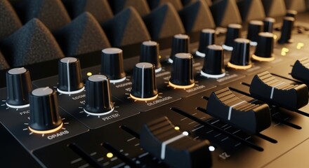 Obraz premium Detailed view of audio interface knobs and sliders, crucial for music production and mixing