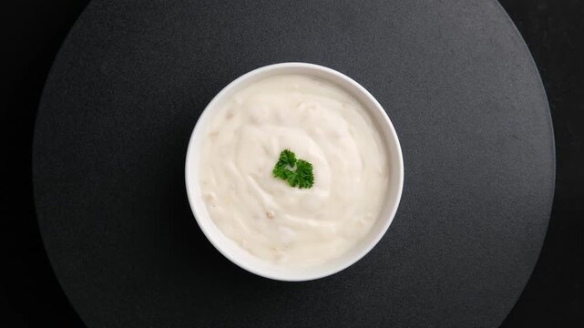 Creamy shiitake mushroom soup in white bowl.It's the perfect cozy fall soup.healthy food.Top view.