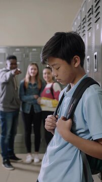Sad teenage asian boy leaning against school lockers while being bullied by group of students pointing and laughing at him at school hallway - Concept of bullying and social exclusion