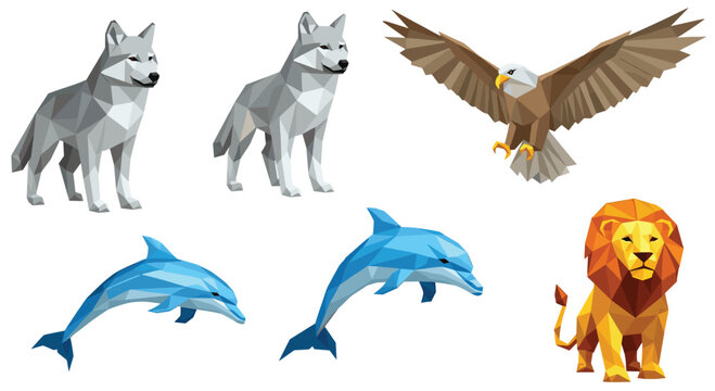 A vibrant assortment of diverse wildlife including wolves and an eagle and dolphins and a lion rendered in a colorful and sharp low poly geometric art style.