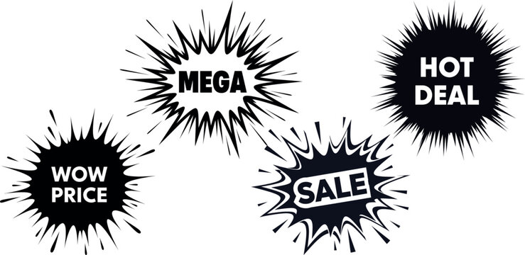 Black and white comic book style sale banners with explosive text effects