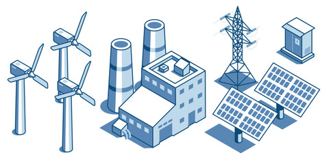 Naklejka premium Isometric vector wind turbines and solar panels near a factory and power lines, in color on a white background, green or alternative energy