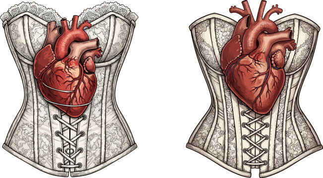 Anatomical heart corsets, lace-up bodices, red organ illustrations, fashion design elements, medical symbols