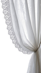 Isolated white sheer curtain with delicate lace trim, elegantly flowing and tied back with a rope © David