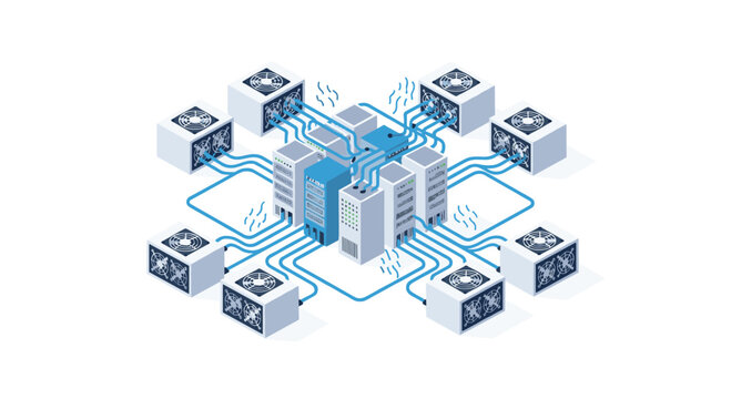 A centralized server rack cluster is connected to multiple cooling units via blue data cables in an isometric digital graphic design style on a light blue background.