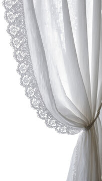Isolated white sheer curtain with delicate lace trim, elegantly flowing and tied back with a rope
