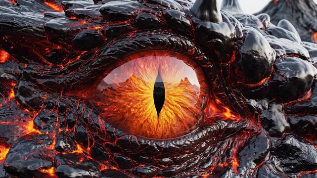 Dragon eye with molten lava highlighting geometric patterns and contemporary art
