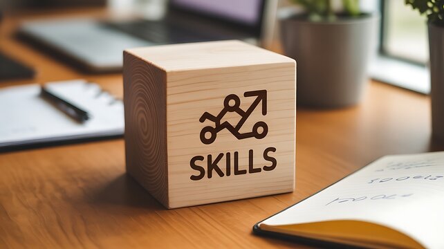 skills icon on wooden cube. Upskilling and personal development concept. Skill training, education, learning, ability. Upskilling, reskilling,
