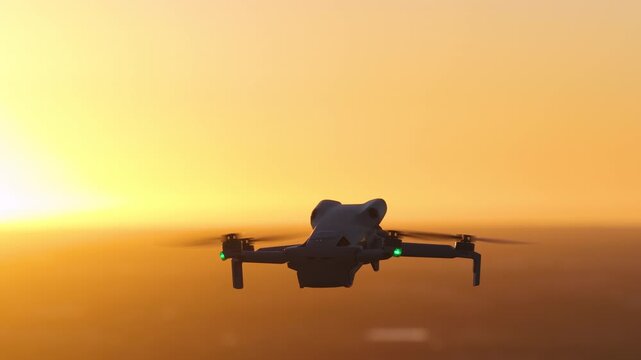 Camera drone hovering at sunset for photography and panoramic aerial videography, demonstrating stability, safety and advanced aerospace engineering.