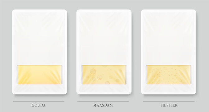 Rectangle tray container mockup with sliced Gouda, Madam and Tilsiter cheese. Realistic vector illustration isolated on grey background. Flat lay view. Ready for use in your design. EPS10.