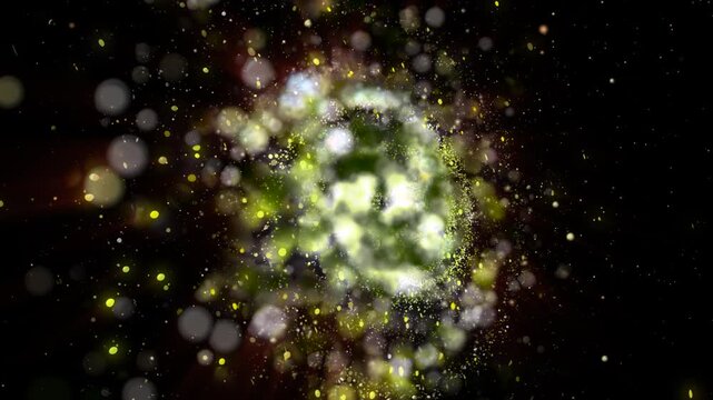 A bright galaxy made up of billions of particles glows neon and moves through space, scattering meteors and plasma.
