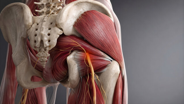 Photorealistic adult standing slightly sideways, one hand pressing the deep buttock/hip, mild discomfort suggesting piriformis syndrome with pain radiating to the posterior thigh.
