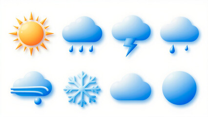 Obraz premium 3D weather icon set featuring sun, rain, and snow element on white background. This glossy collection is perfect for app interface design and forecast widget visualization