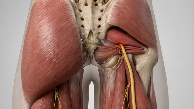 Photorealistic adult standing slightly sideways, one hand pressing the deep buttock/hip, mild discomfort suggesting piriformis syndrome with pain radiating to the posterior thigh.