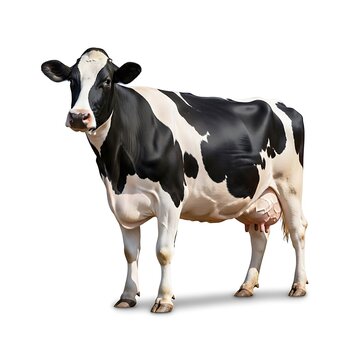 A black and white cow standing isolated on white background looking forward