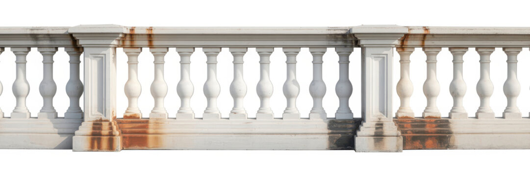 Old stone balustrade railing with weathered texture and rust stains, isolated on white background