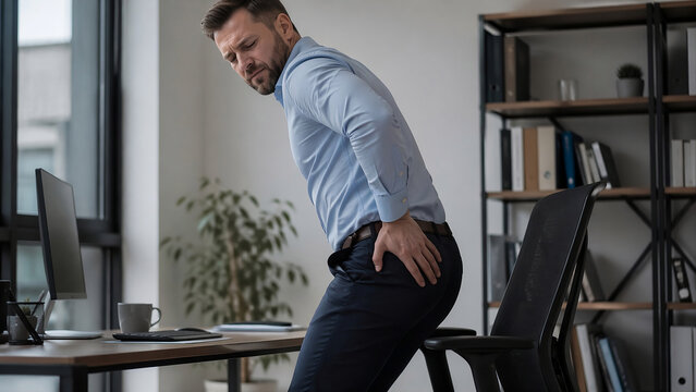Photorealistic adult standing slightly sideways, one hand pressing the deep buttock/hip, mild discomfort suggesting piriformis syndrome with pain radiating to the posterior thigh.
