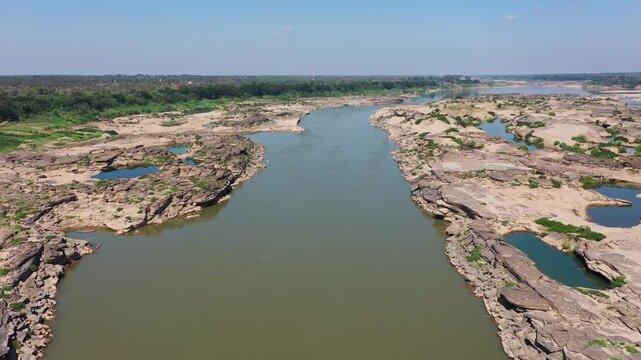 Aerial footage of Mae Khong river in Thailand.