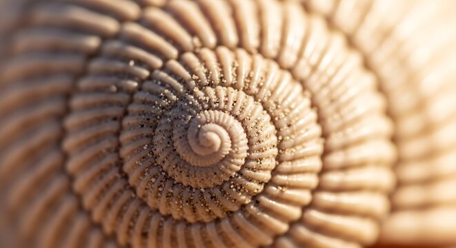 Close-up view of a spiral seashell's ridged texture and pattern