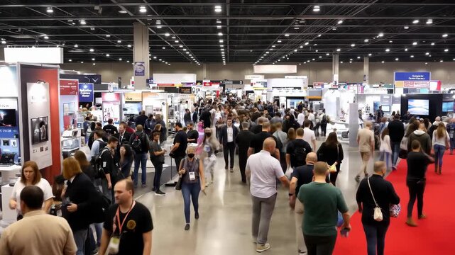 Large Crowd of Diverse People Walking and Browsing Through a Busy Trade Show in a Modern Exhibition Hall.