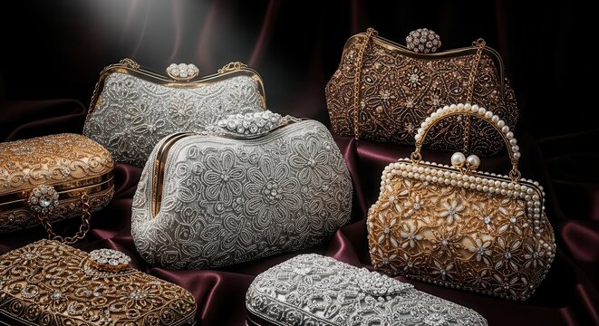 Exquisite collection of ornate, sparkling evening clutches and small embellished purses, showcasing luxury fashion accessories