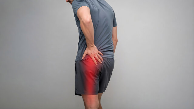 Photorealistic adult standing slightly sideways, one hand pressing the deep buttock/hip, mild discomfort suggesting piriformis syndrome with pain radiating to the posterior thigh.