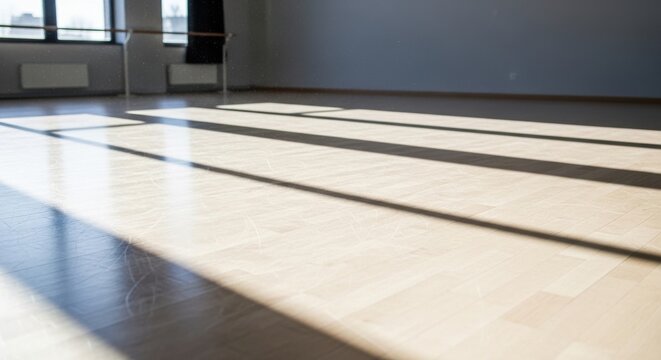 Sunlit dance studio with polished wooden floor and ballet barre, perfect for practice and performance
