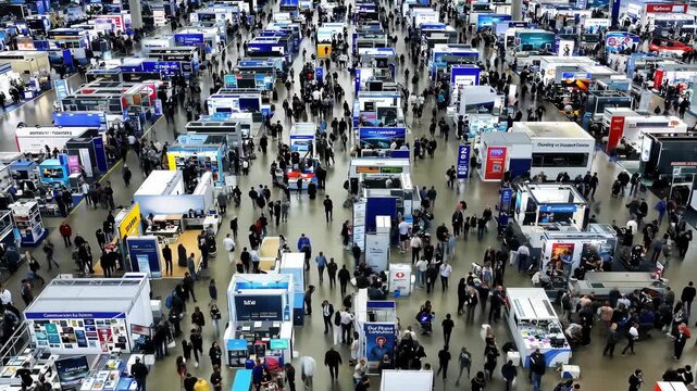 Hundreds of diverse people walking through a bustling convention center, exploring various trade show booths and exhibits.